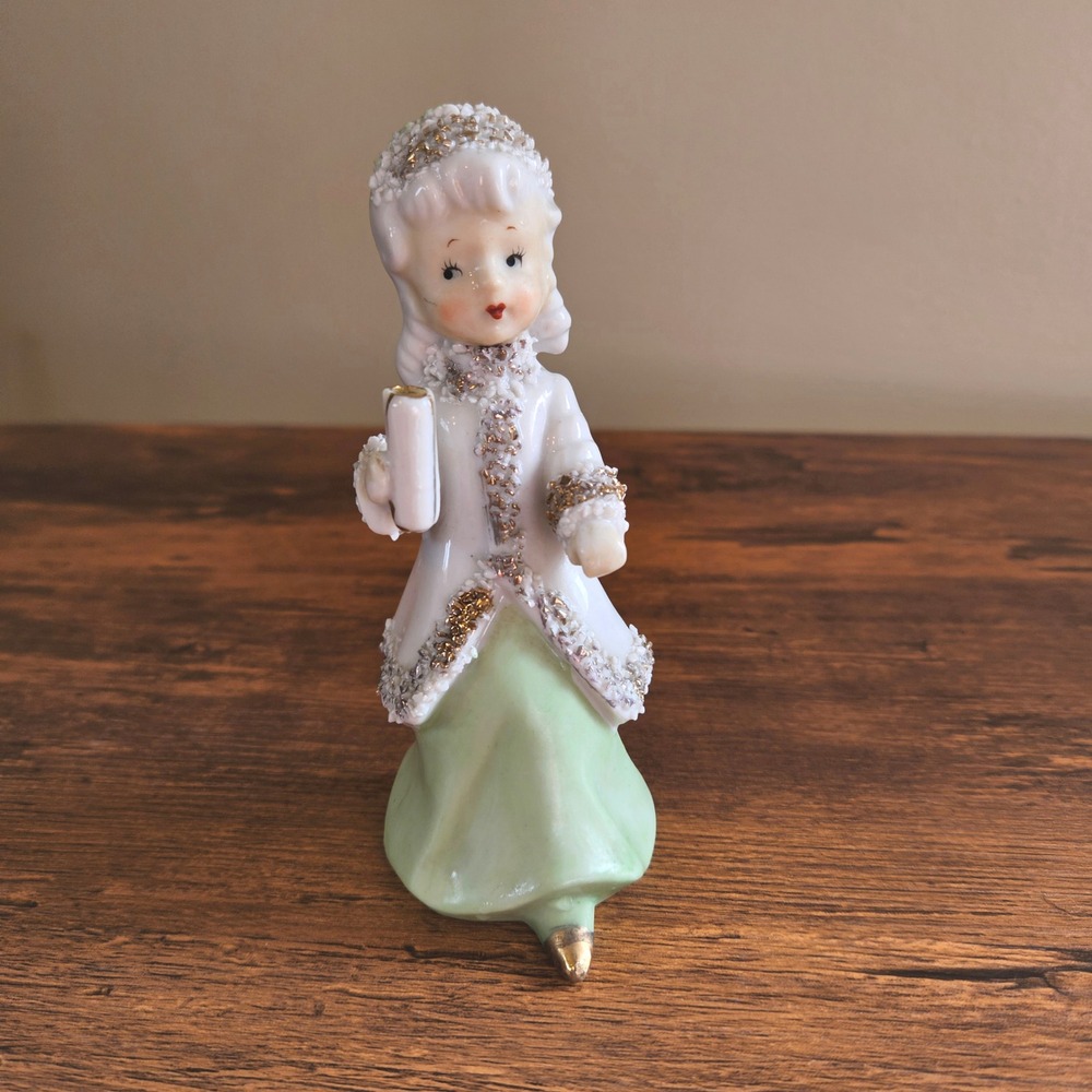 Vtg NAPCO Ceramic Girl Candle Christmas Figurine Spaghetti Trim Gold Green White